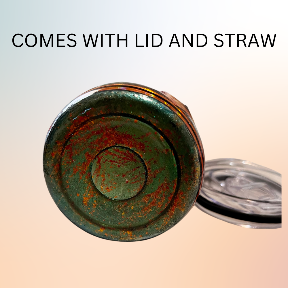Bottom of the tumbler and lid. With the words above 'COMES WITH LID AND STRAW"
