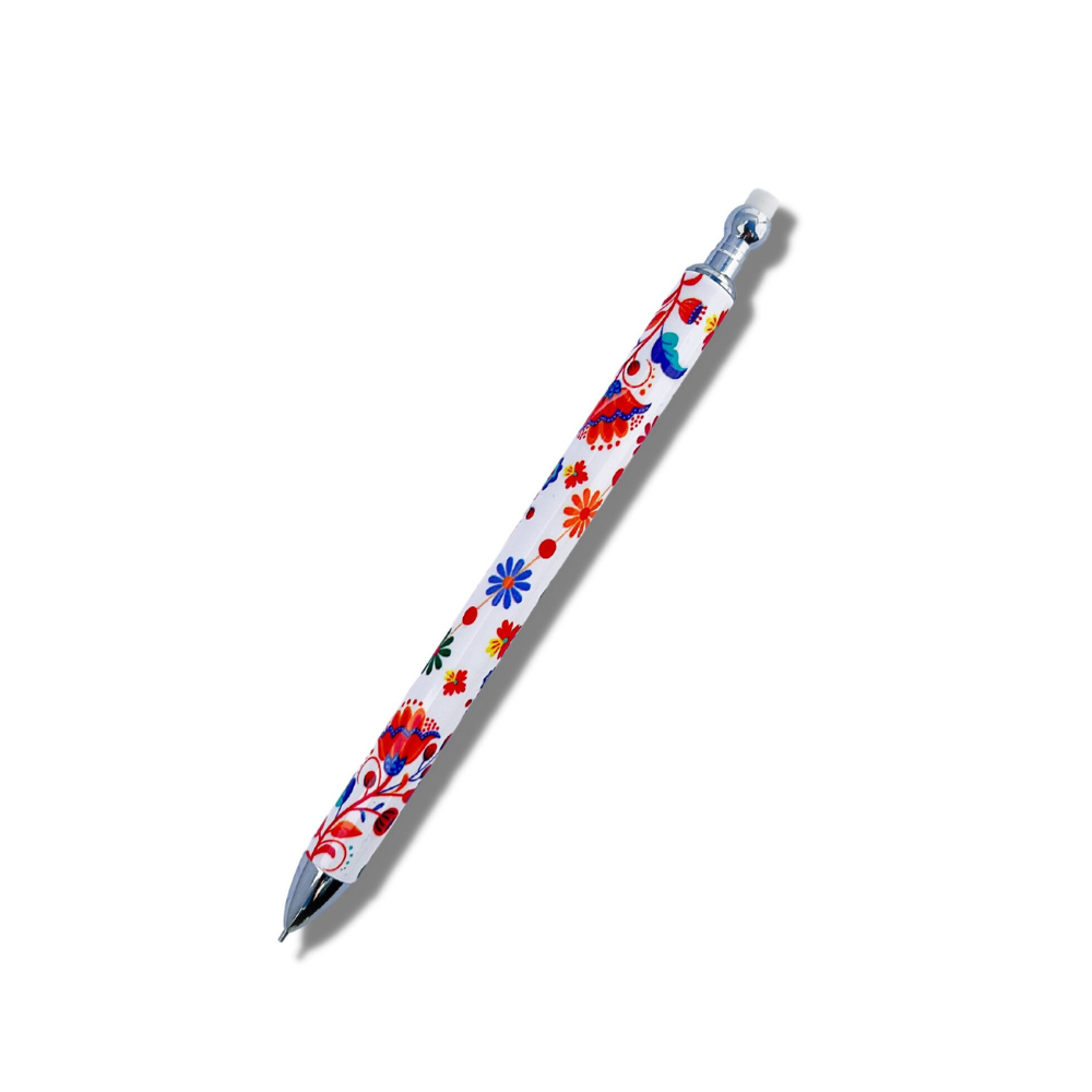 Pen and Mechanical Pencil Set with Colorful Floral design, the pen having a quick drying gel ink 2 in 1 stylus. Pencil is 0.7MM lead.