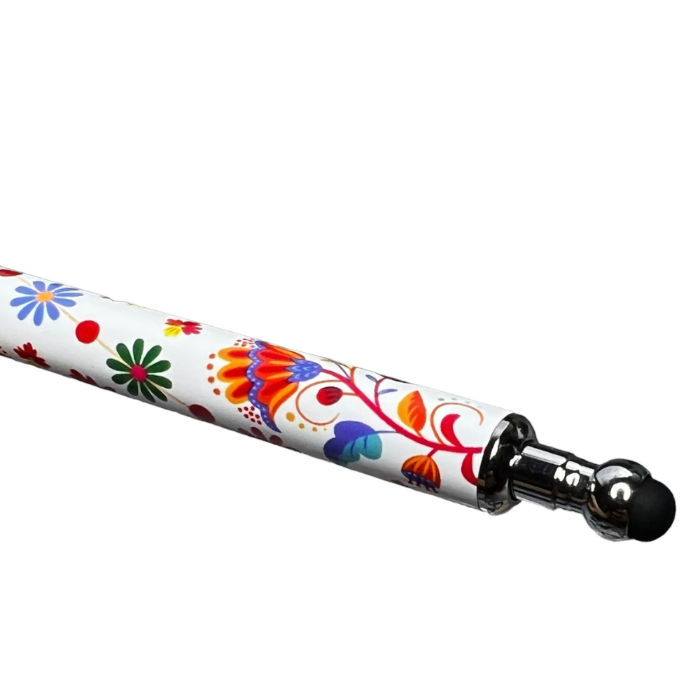 Pen and Mechanical Pencil Set with Colorful Floral design, the pen having a quick drying gel ink 2 in 1 stylus. Pencil is 0.7MM lead.