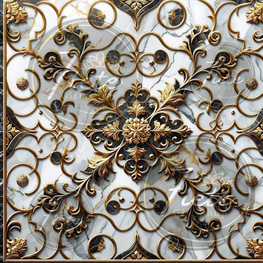 Image of white marble with ribbons or grays, over that are some swirls of gold iron and leaves.