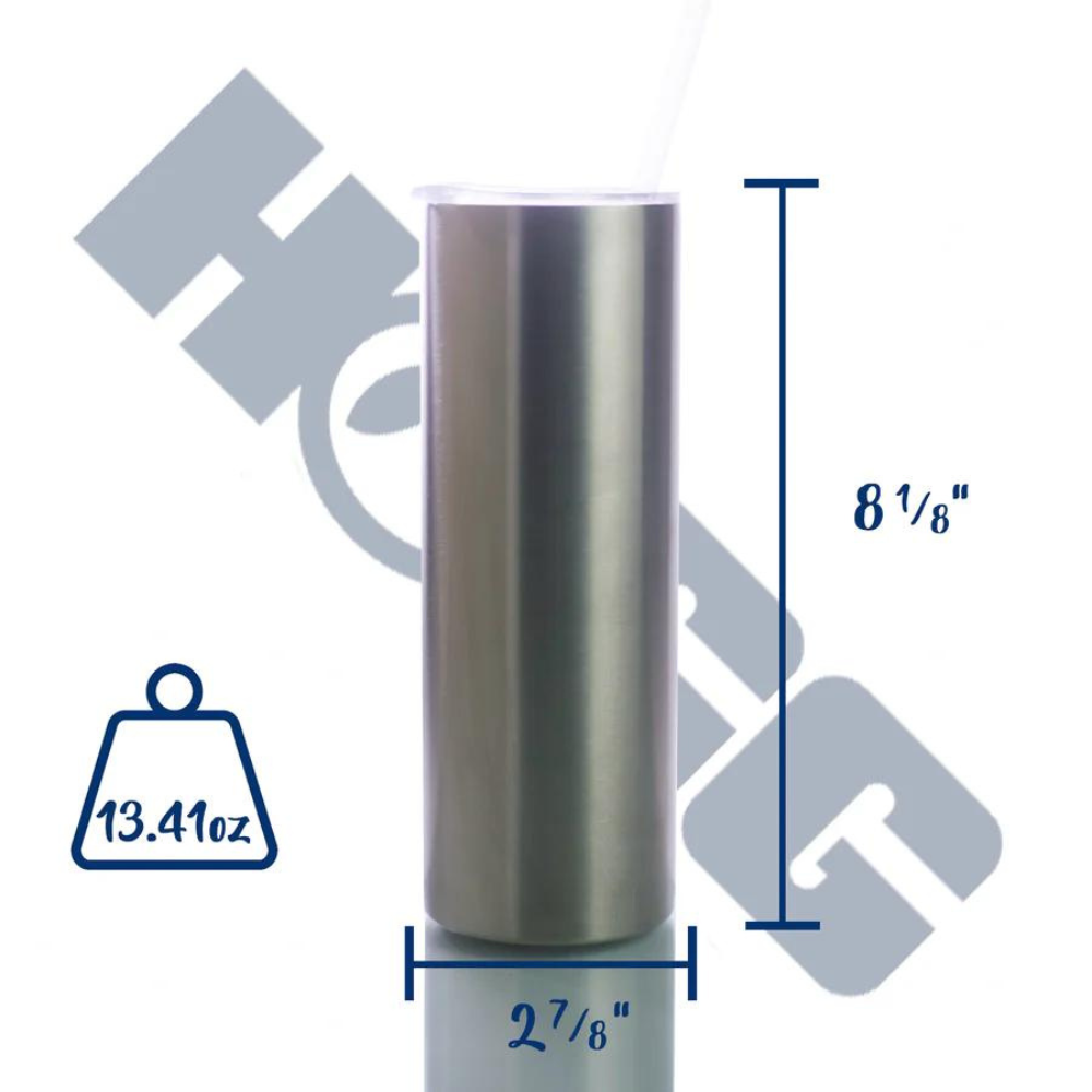 Stainless steel tumbler with measurements of 8 1/8" tall and 2 7/8" wide and weighs in at 13.41oz.