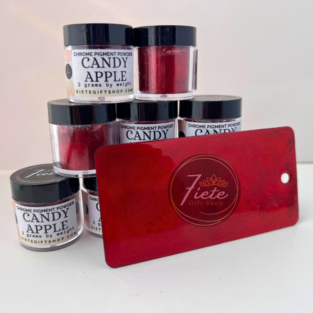 Jars of 'Candy Apple' pigment powder with a red card featuring 'Siete Gift Shop' logo on a white background