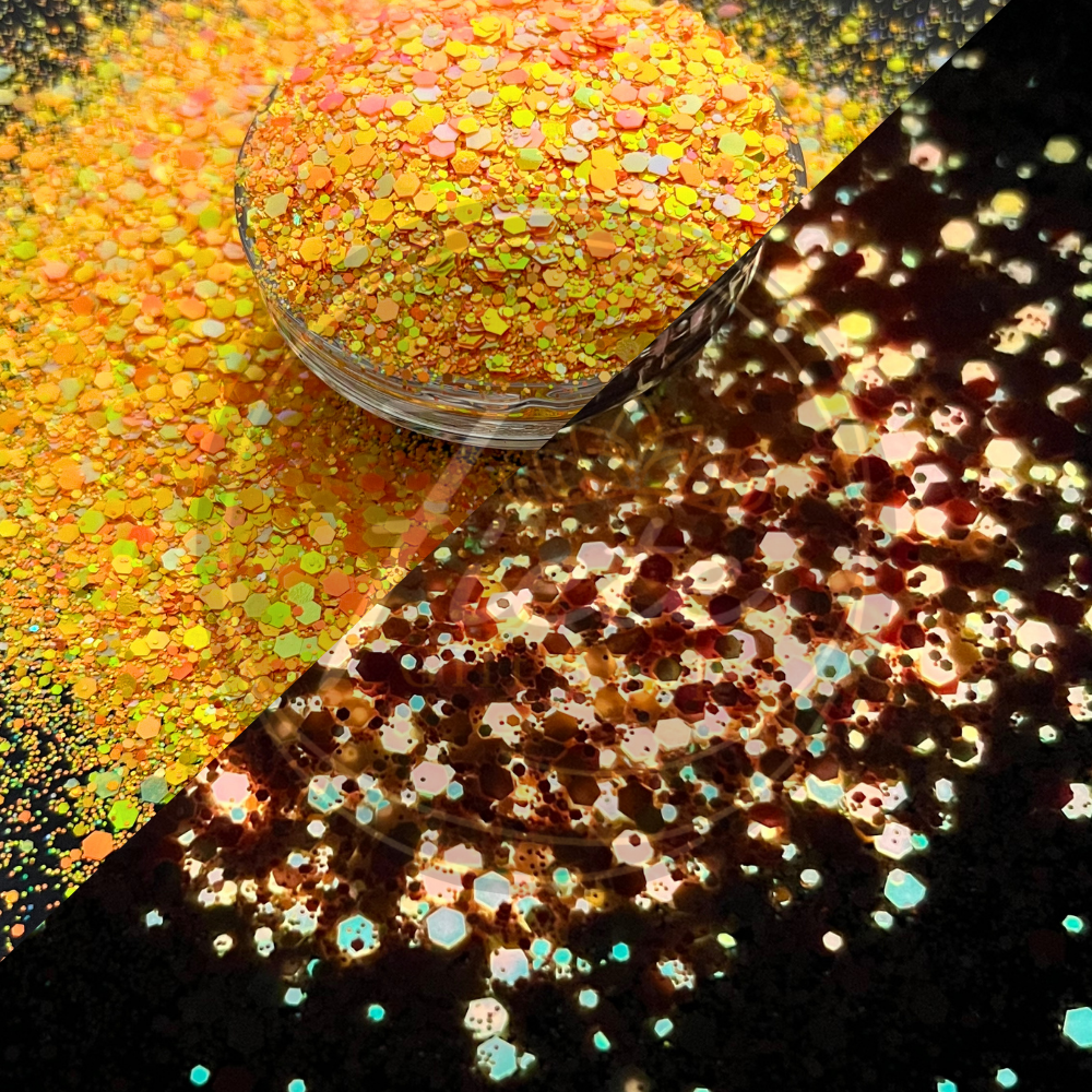Sunburst glow in the dark glitter mix with chunky orange, yellow, and gold tones that sparkle in light and glow at night.