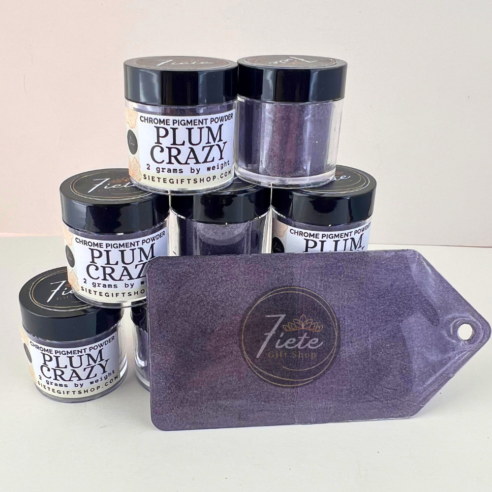 Jars of Plum Crazy chrome pigment powder from Siete Gift Shop displayed with a purple swatch sample showing a deep metallic plum finish.