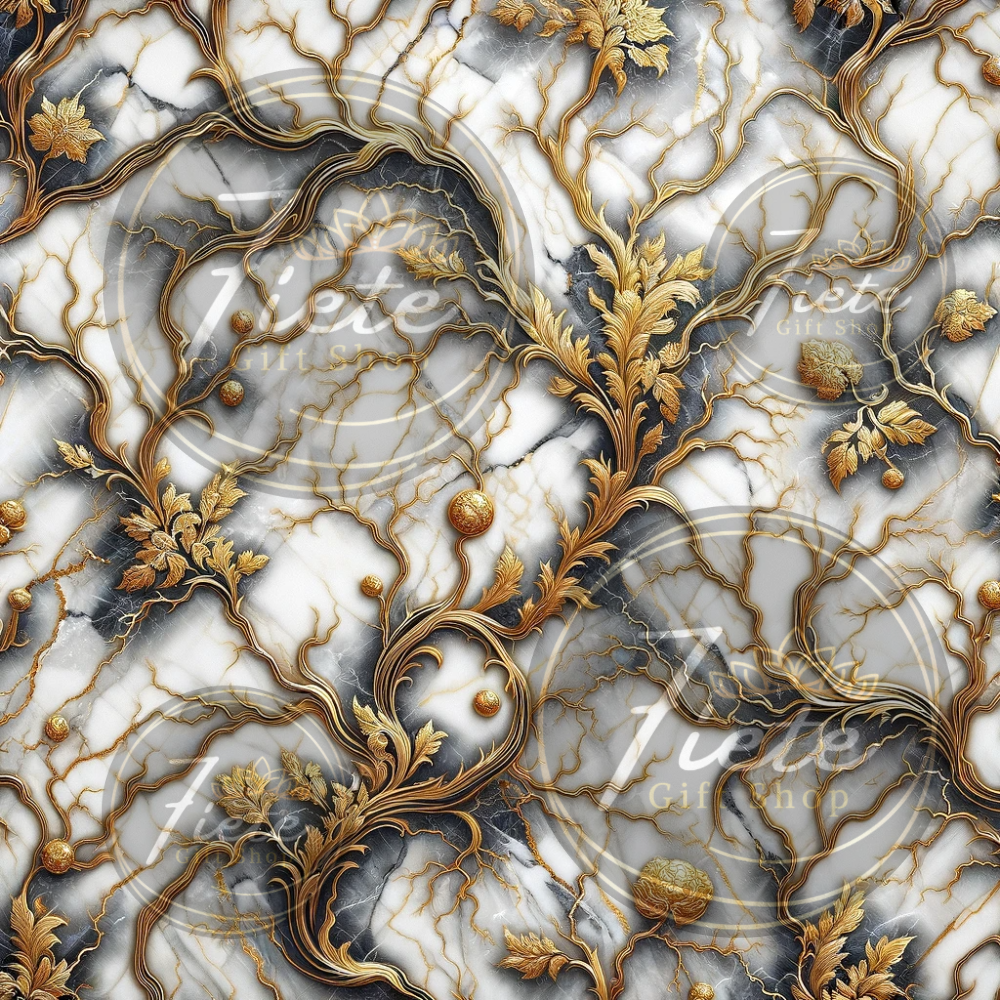 image of white marble with gold leaves and vines connecting each other.