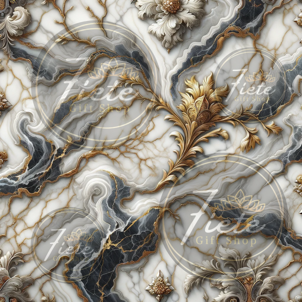 image of white marble with gold large leaves and vines connecting each other.