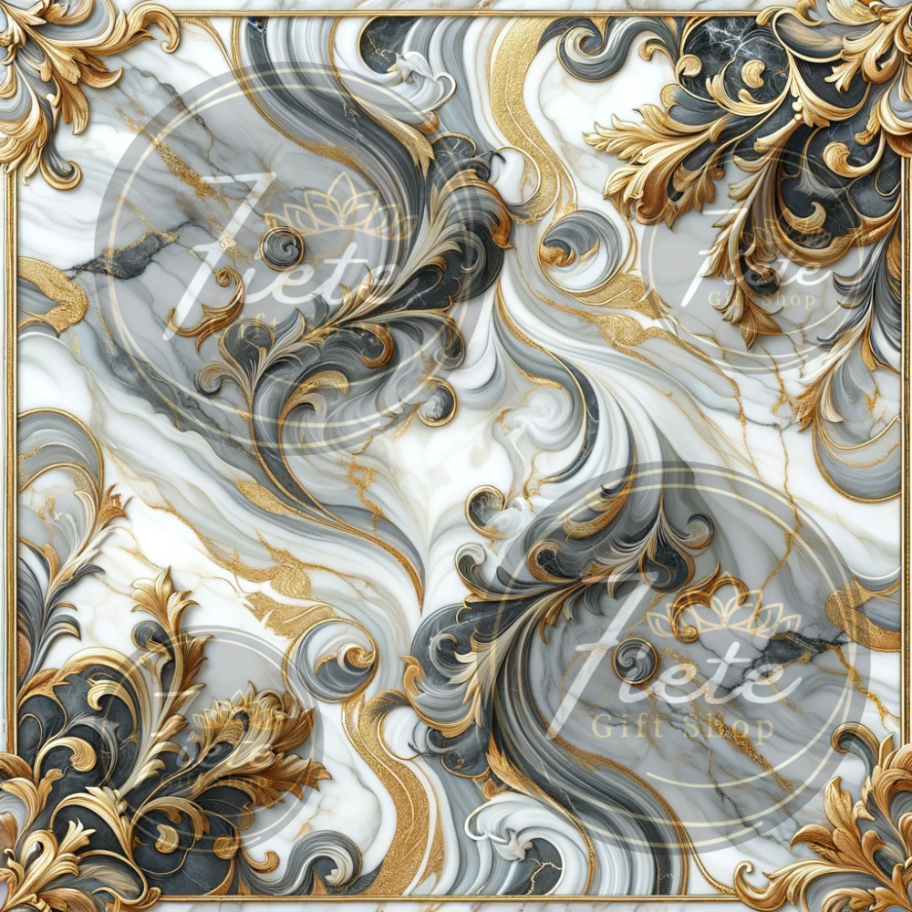 image of white marble with gold leaves on each corner and vines connecting each other.