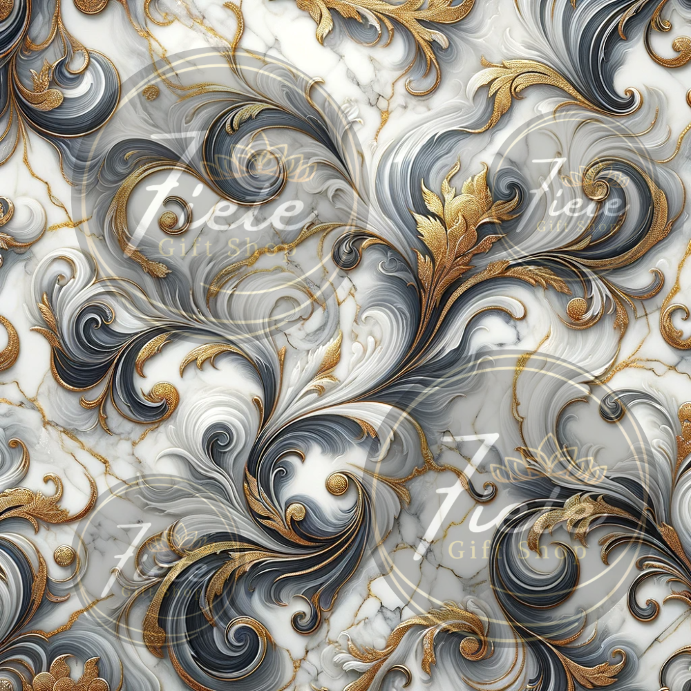image of white marble with gold leaves and vines connecting each other.