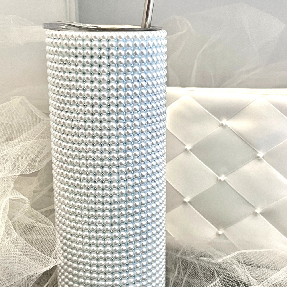 Bridal Tumbler with Pearls and Rhinestones, Something New and Something Blue for your Wedding Day Necessity